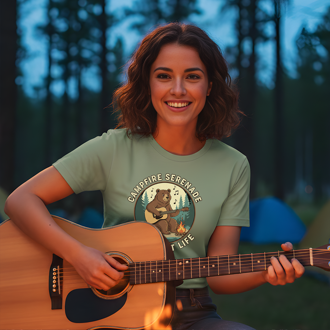 Campfire Serenade, Bear playing guitar design Garment-Dyed T-shirt