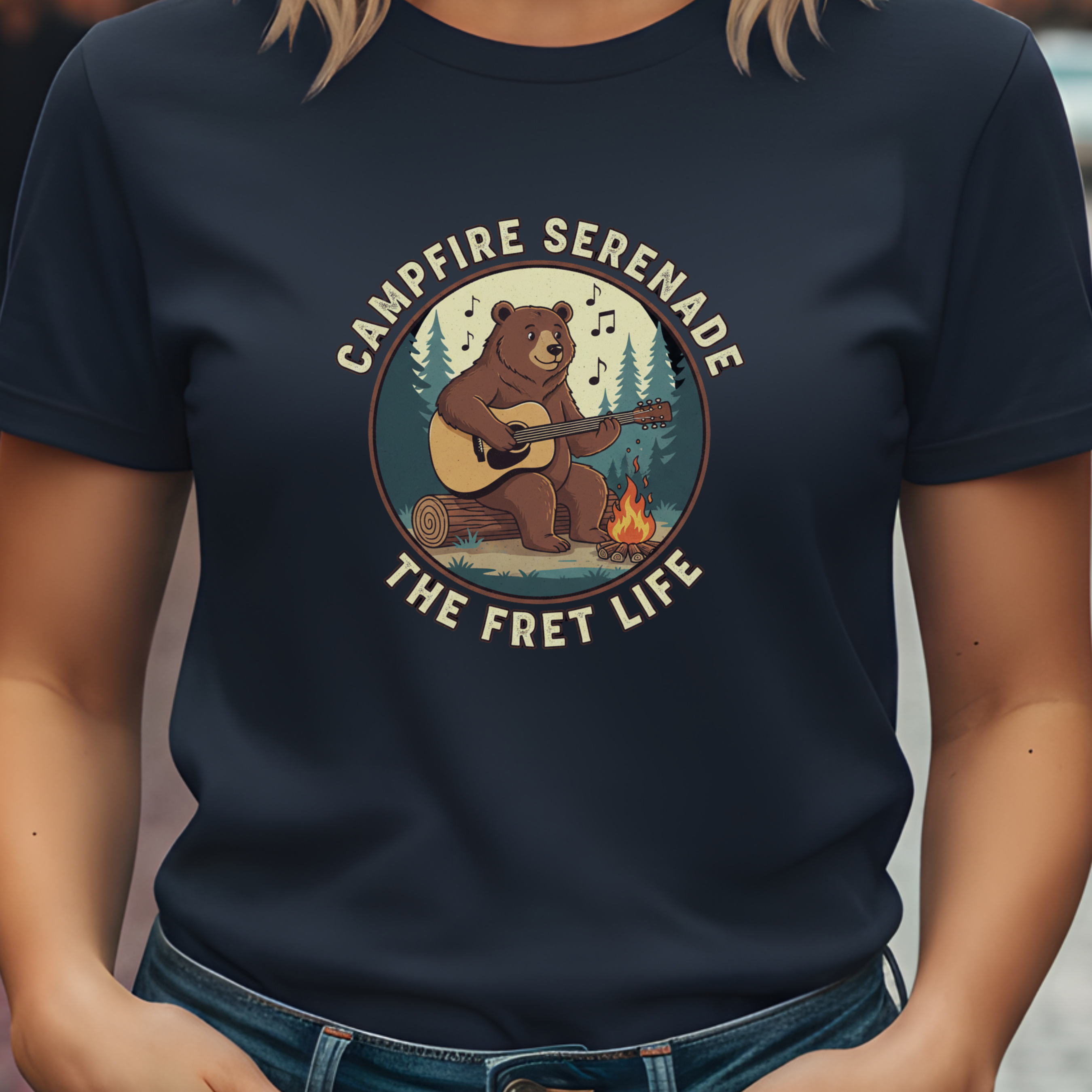 Campfire Serenade, Bear playing guitar design Garment-Dyed T-shirt