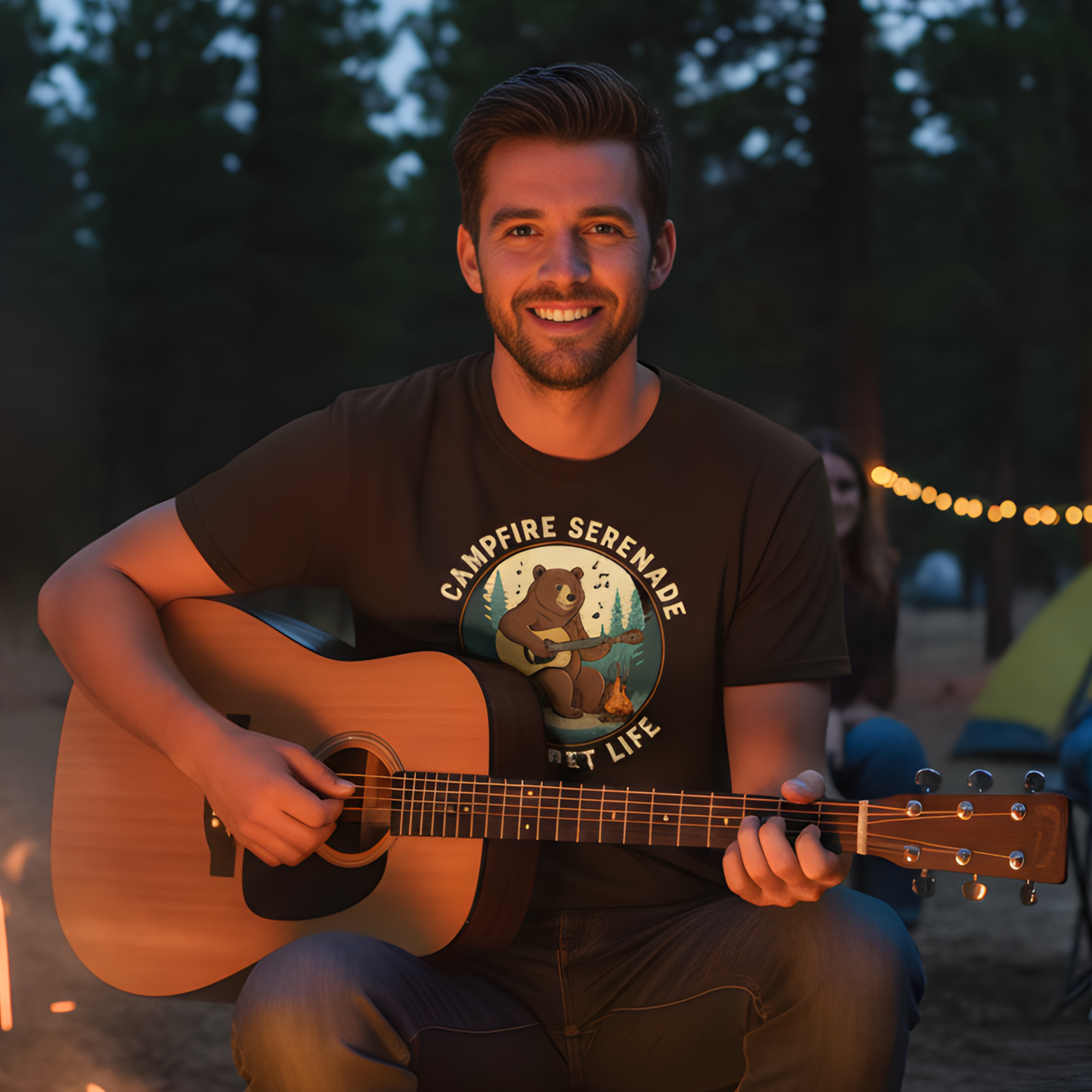 Campfire Serenade, Bear playing guitar design Garment-Dyed T-shirt