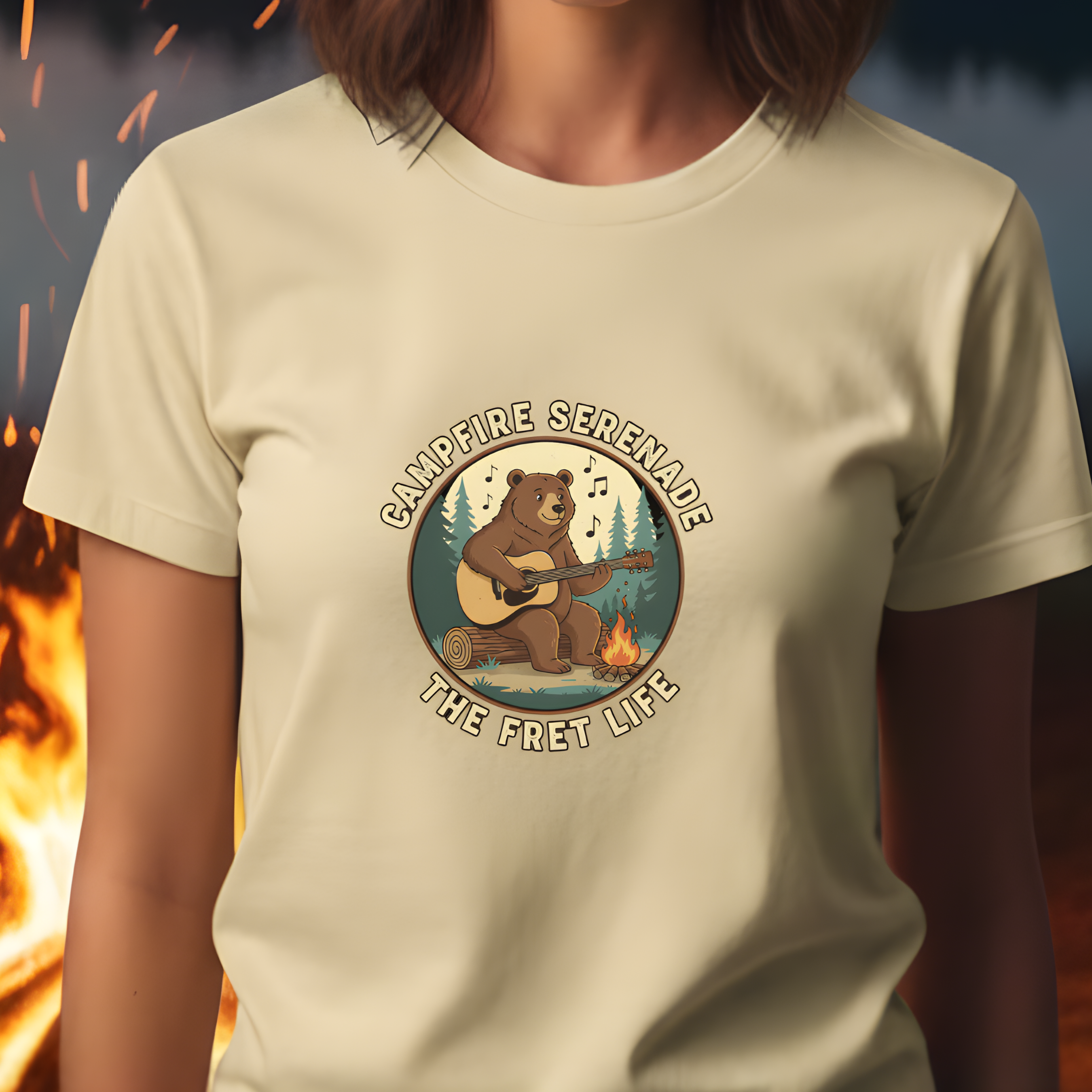 Campfire Serenade, Bear playing guitar design Garment-Dyed T-shirt