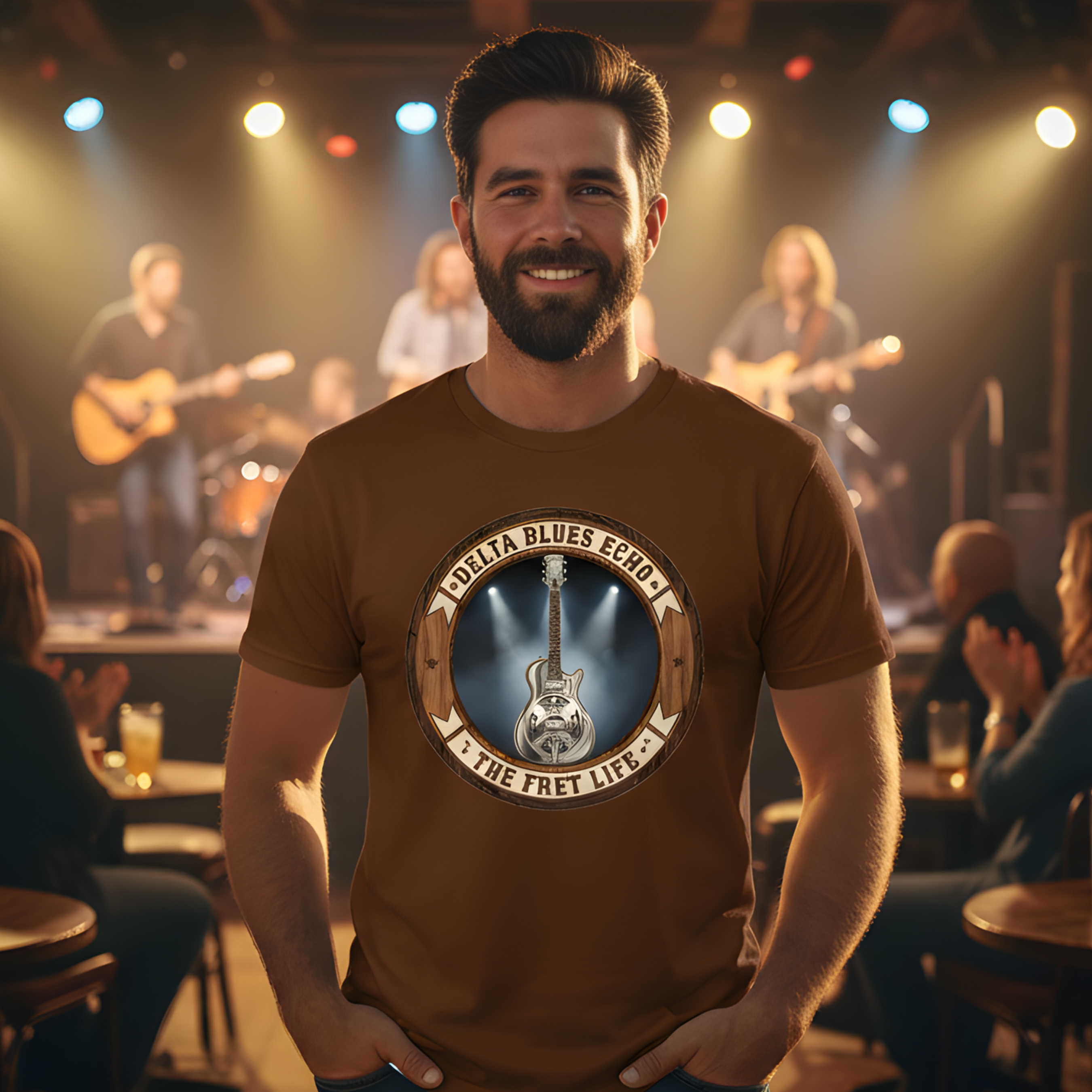Man wearing a brown t-shirt with a guitar graphic and text in a bar setting with band in the background