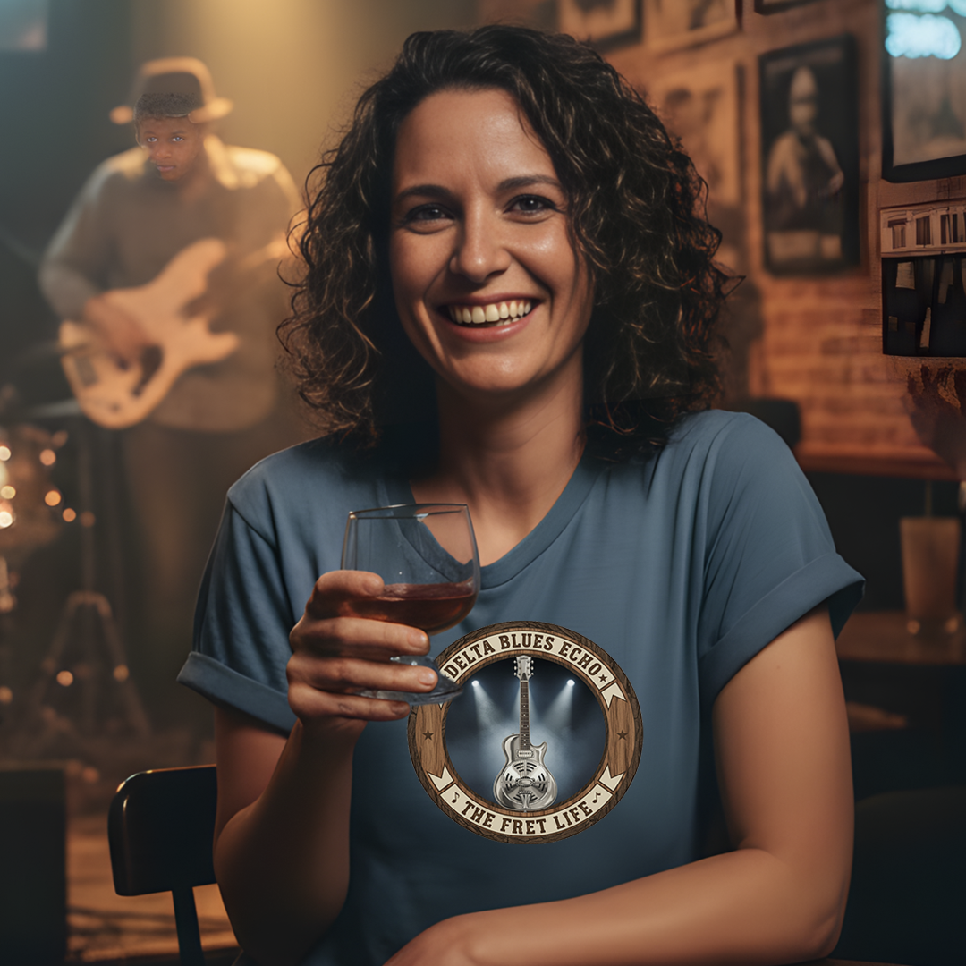 Woman holding a glass of wine in a bar with a musician playing guitar in the background