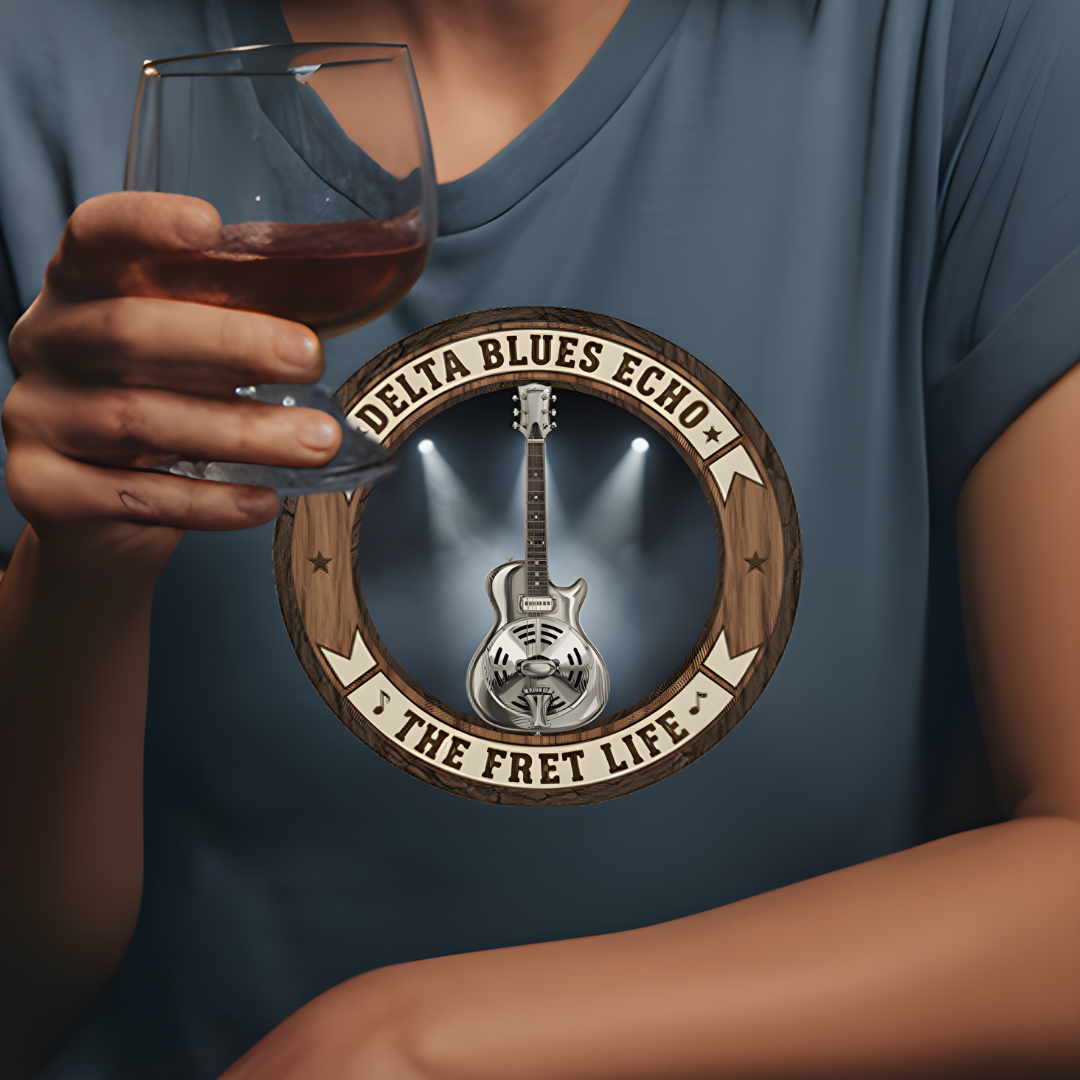 Person wearing a t-shirt with a guitar graphic and text, holding a glass of wine.