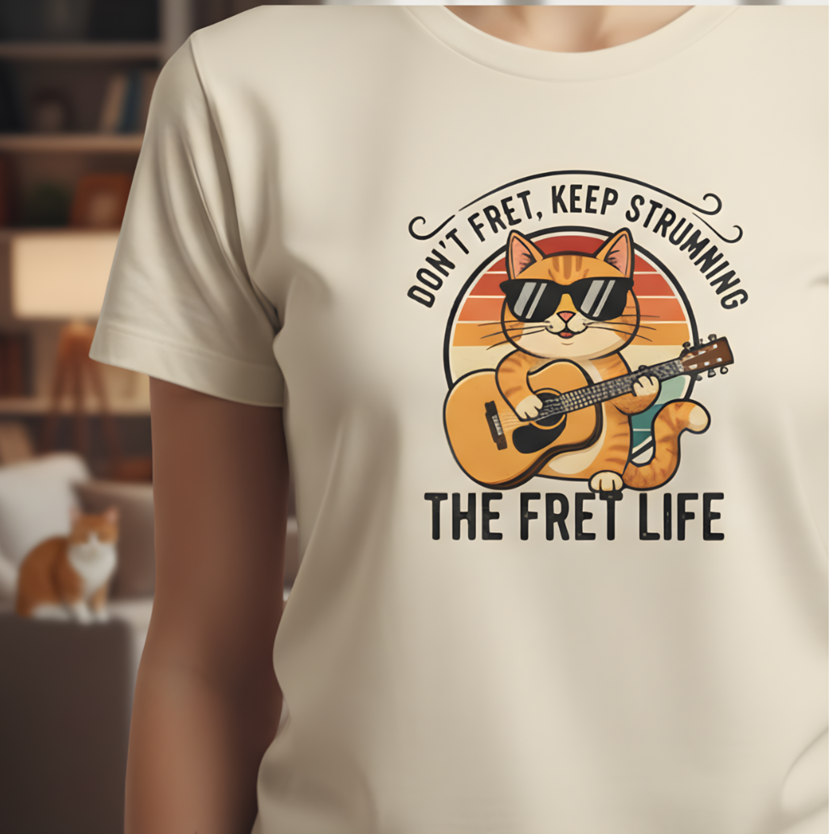Don't Fret, Keep Strumming: Cat & Guitar Lover's Tee