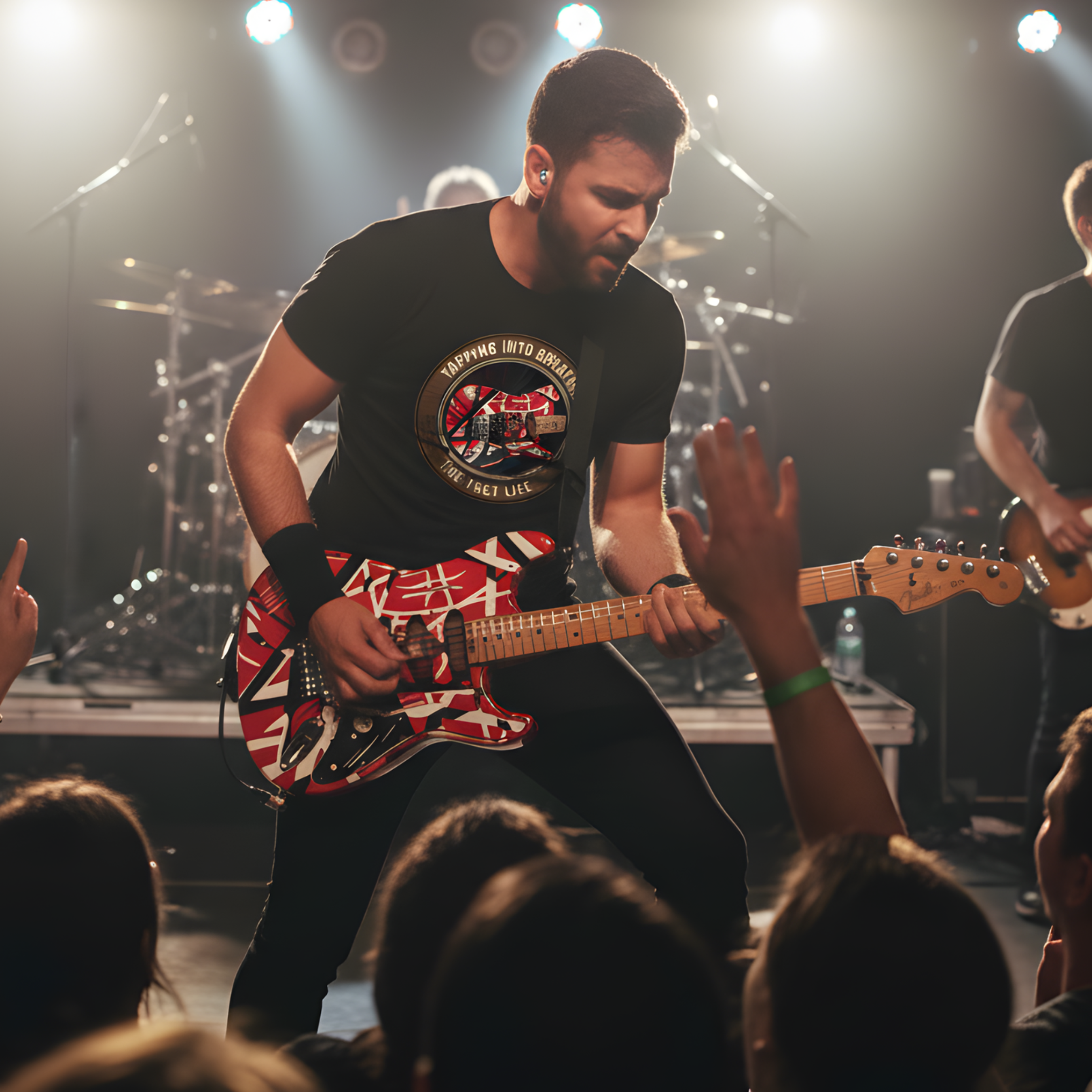 Guitarist performing on stage with a band, wearing a black t-shirt with a graphic design.