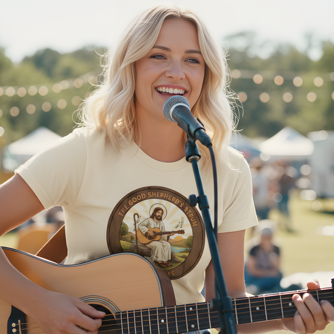 The Good Shepherd's Strum T-Shirt: Led by the Ultimate Musician.