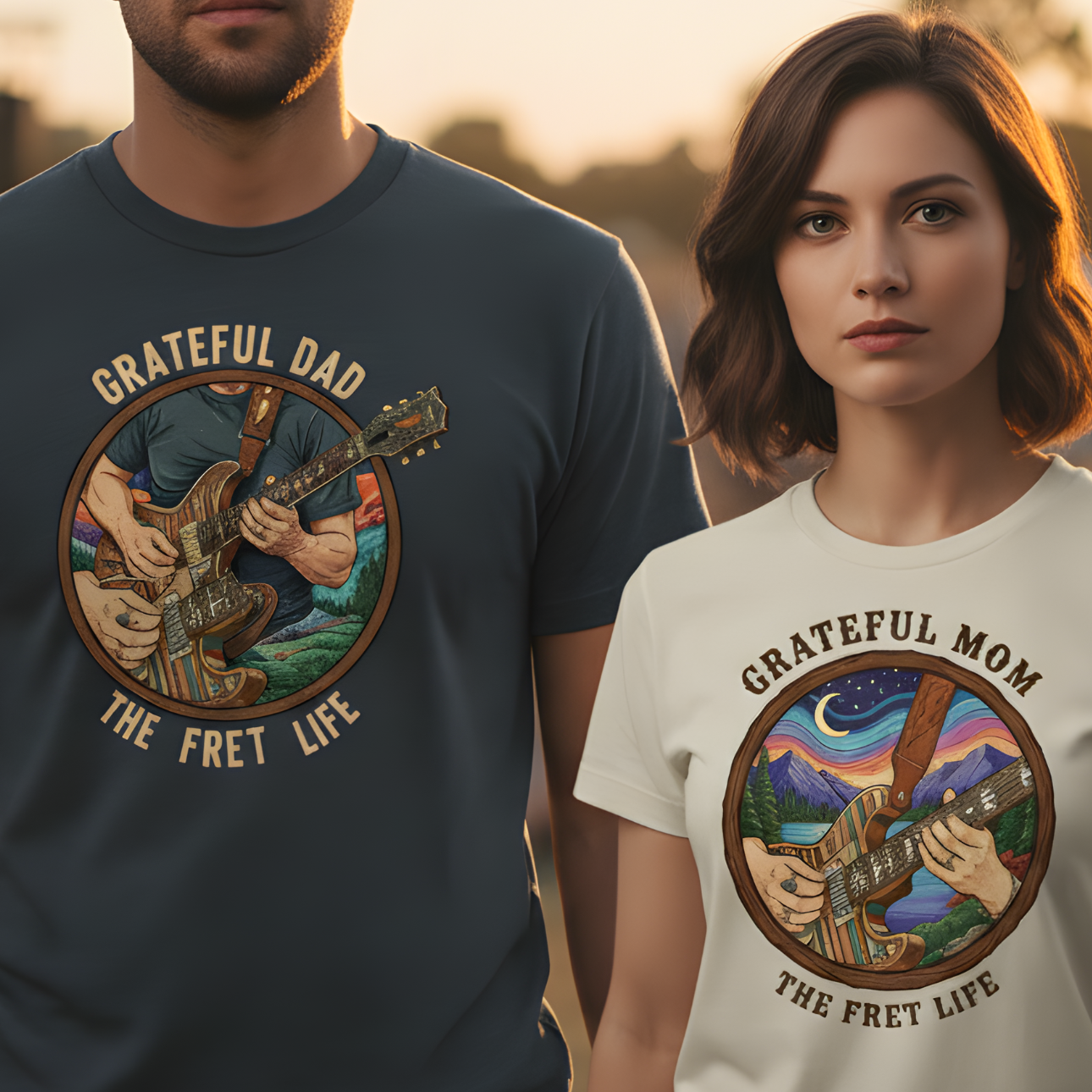 Man and woman wearing Grateful Dad and Grateful Mom shirts. 
