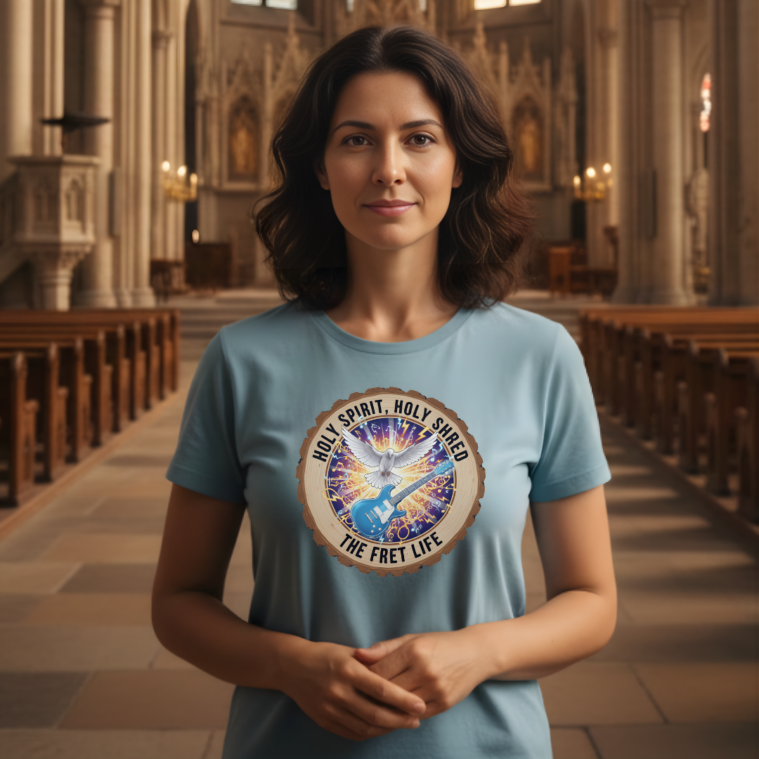 Woman wearing a blue t-shirt with a colorful design in a cathedral