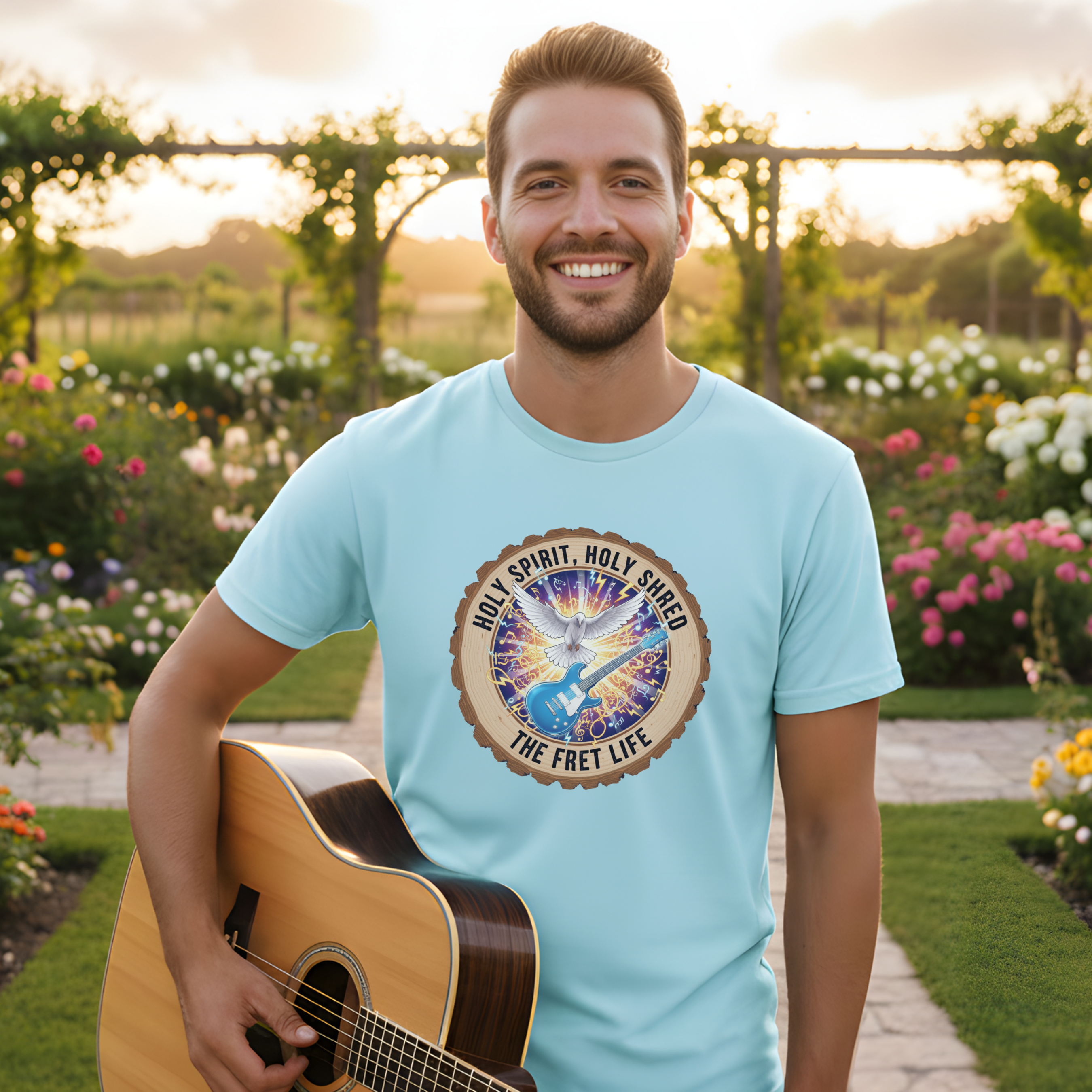 Man wearing a light blue t-shirt with a graphic design, holding a guitar in a garden setting.