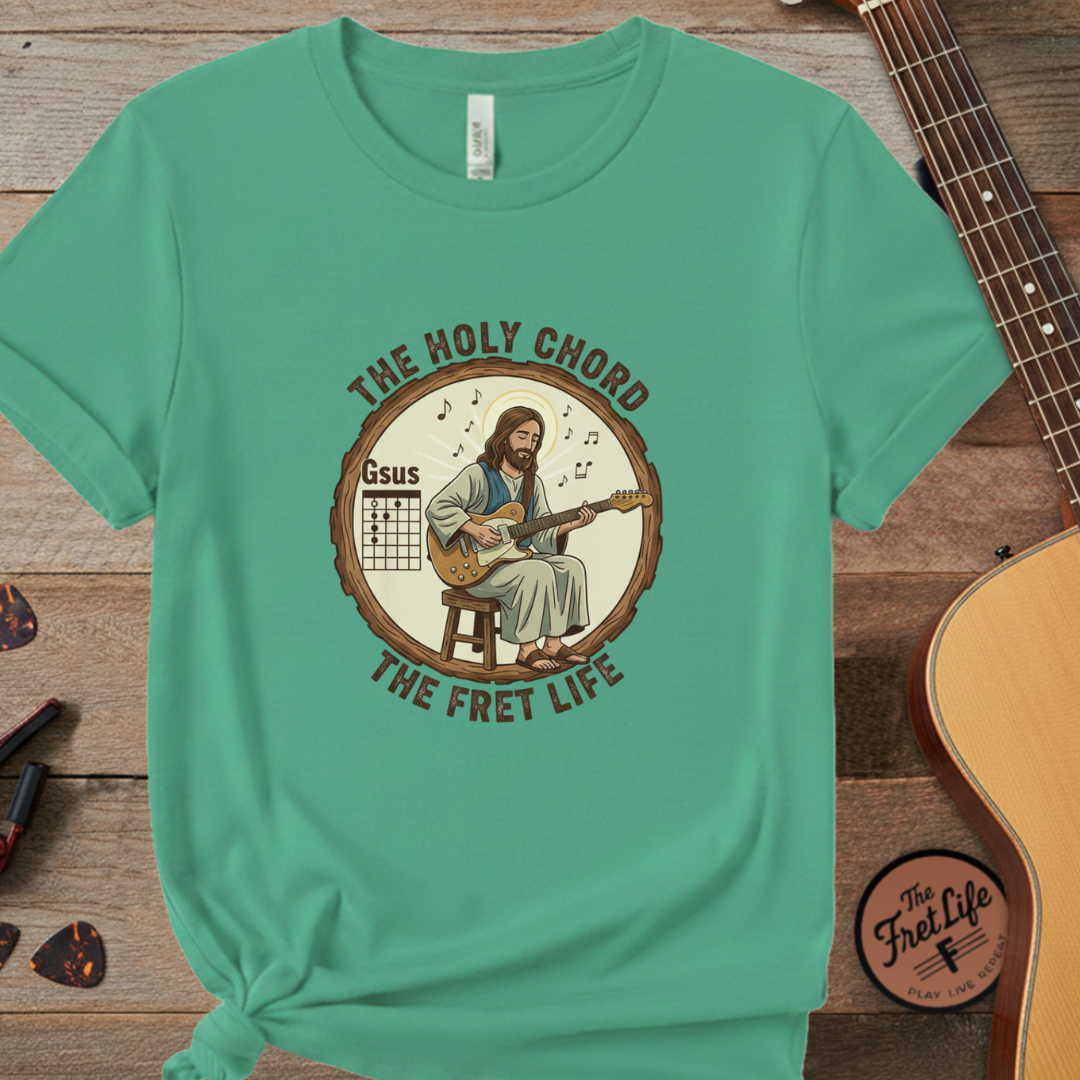 The Holy Chord Gsus T-Shirt: Faith, Music, and the Fret Life.