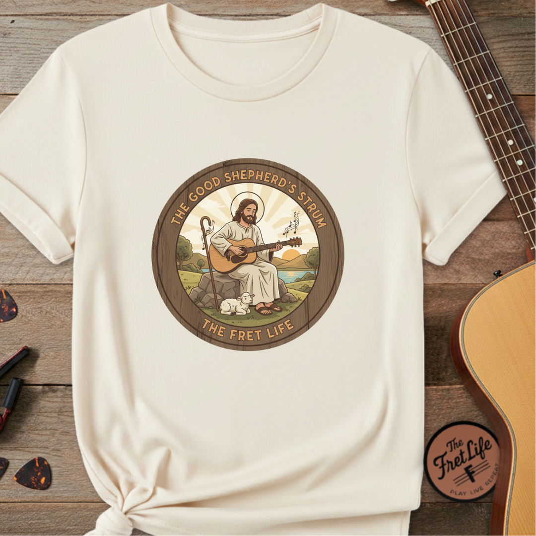 The Good Shepherd's Strum T-Shirt: Led by the Ultimate Musician.