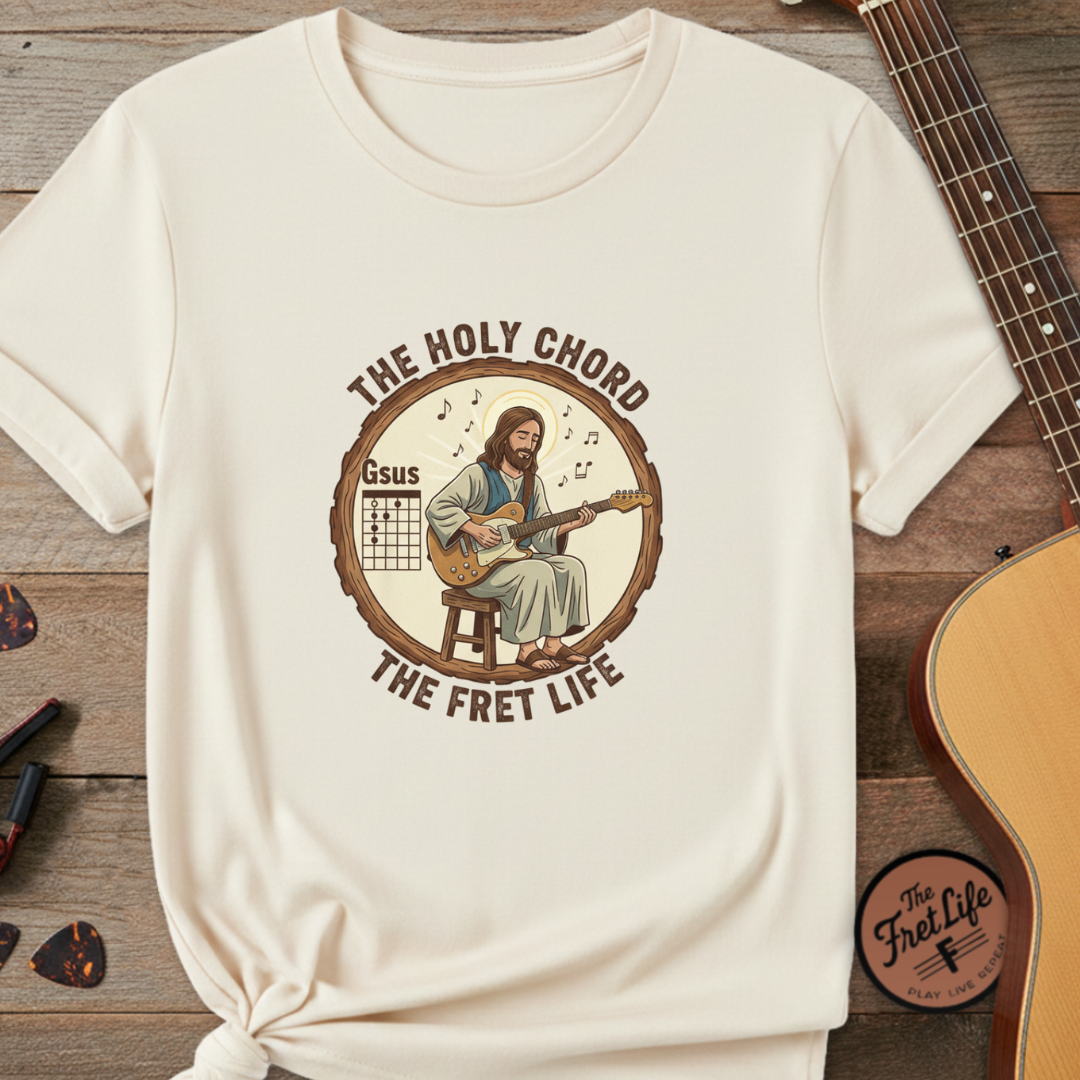 The Holy Chord Gsus T-Shirt: Faith, Music, and the Fret Life.