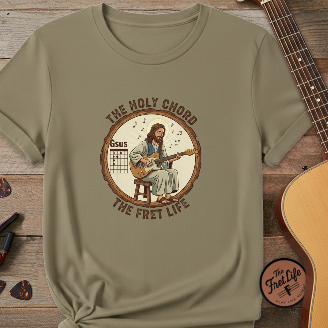The Holy Chord Gsus T-Shirt: Faith, Music, and the Fret Life.