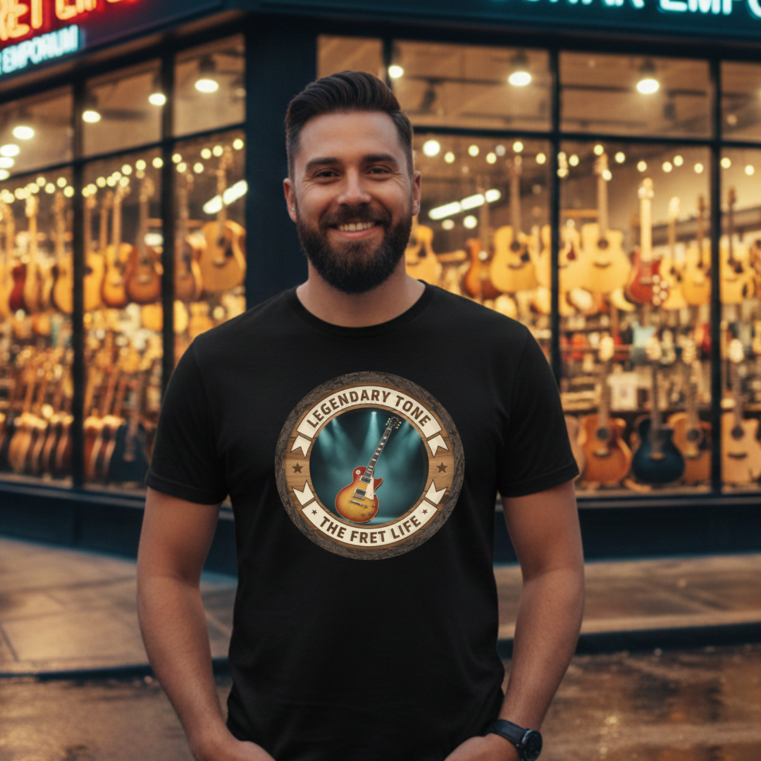 Man wearing a black t-shirt with a guitar design in front of a guitar store display.