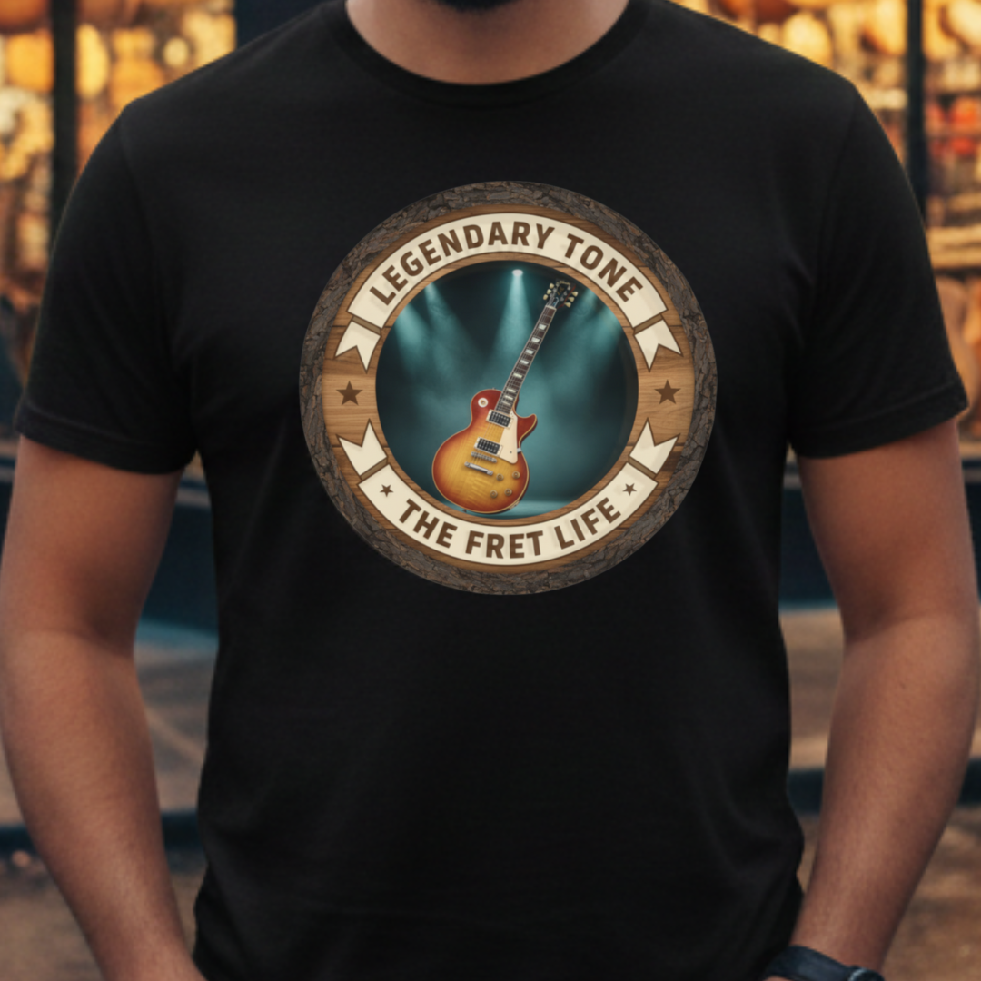 Person wearing a black t-shirt with a guitar graphic and text in a music store.