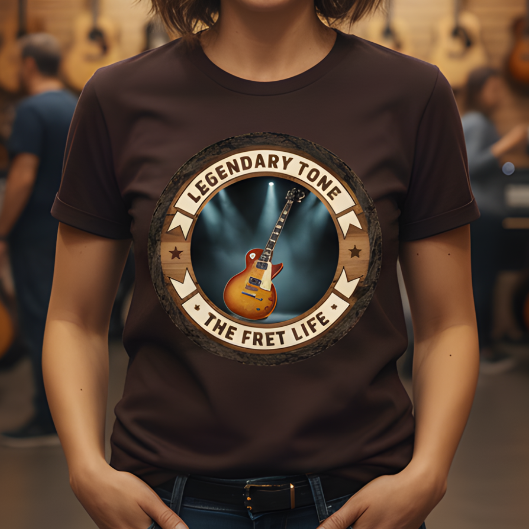 Person wearing a brown t-shirt with a guitar graphic and 'Legendary Tone The Fret Life' text in a music store.