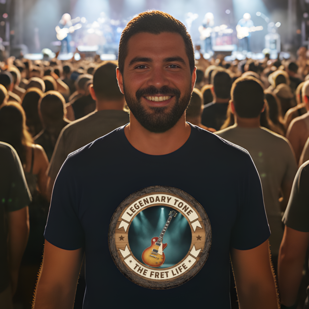 Man wearing a 'Legendary Tone The Fret Life' t-shirt at a concert with a crowd and stage lights in the background.