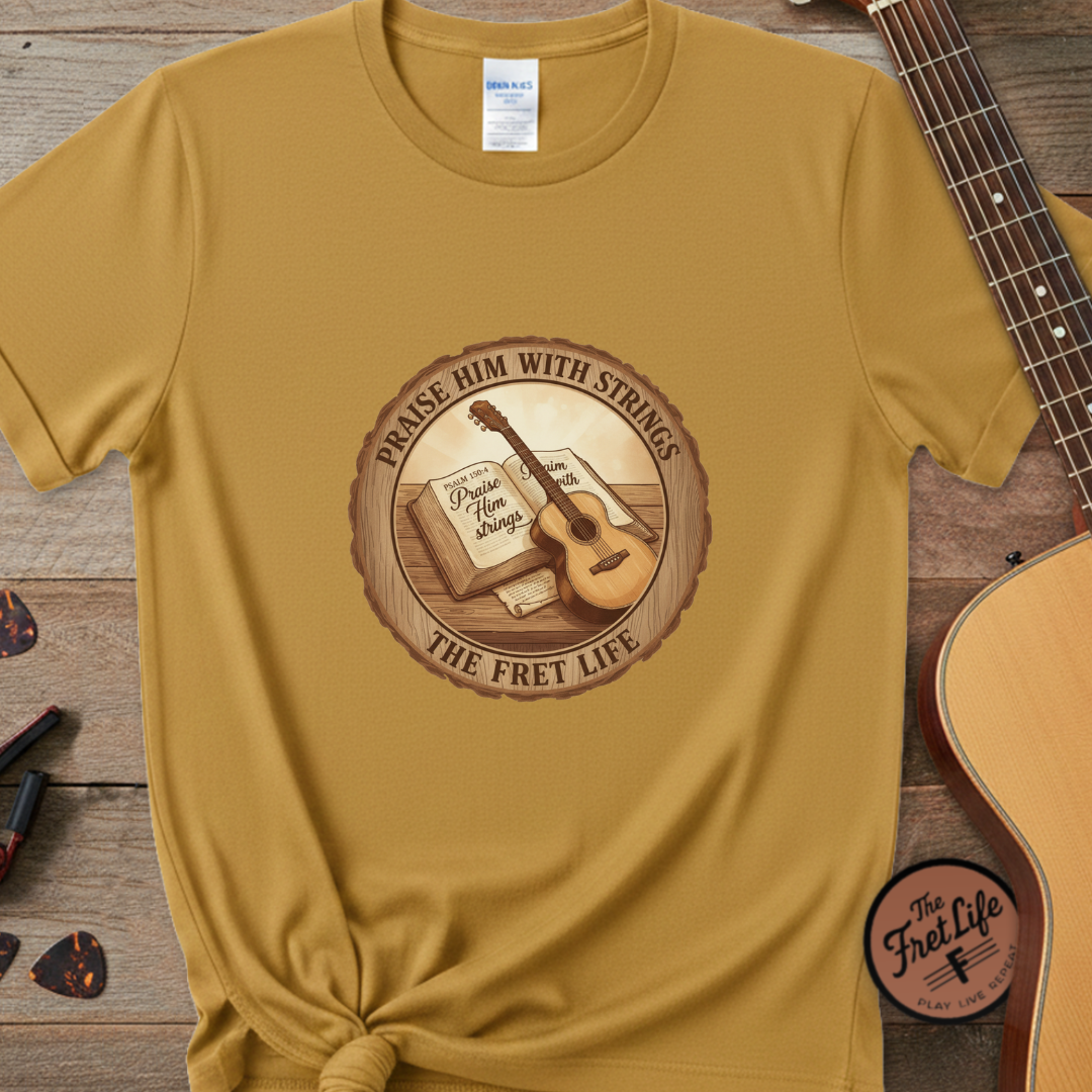 Praise Him With Strings T-Shirt | Psalm 150:4 Christian Guitar Tee
