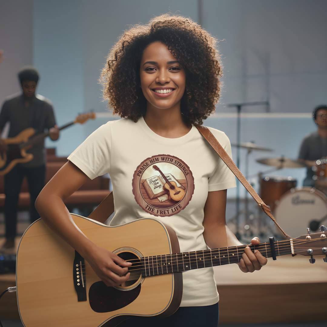 Praise Him With Strings T-Shirt | Psalm 150:4 Christian Guitar Tee