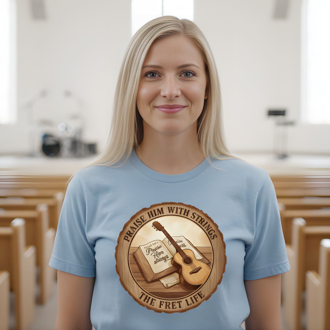 Praise Him With Strings T-Shirt | Psalm 150:4 Christian Guitar Tee