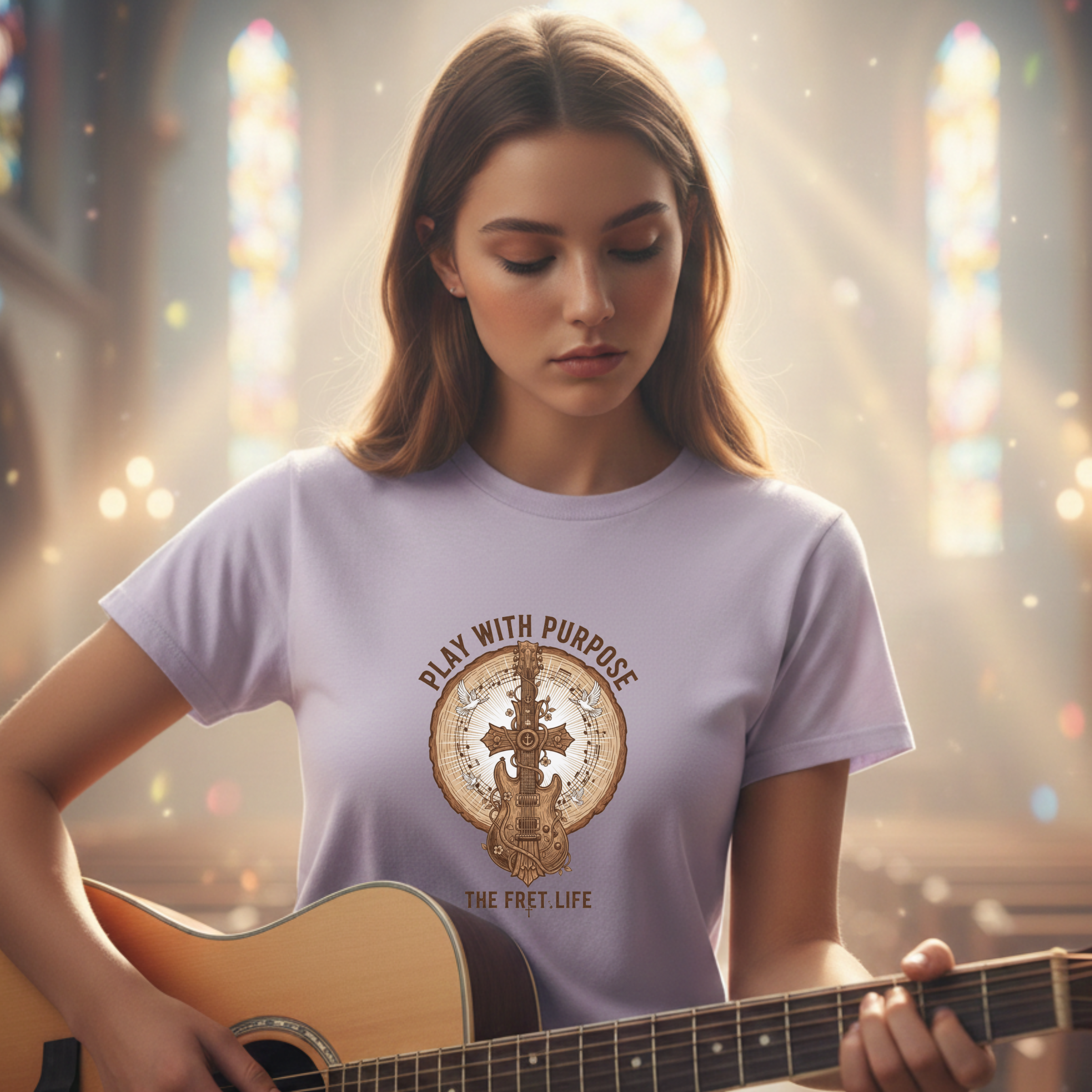 Woman playing guitar wearing a t-shirt with a design and text in a softly lit indoor setting.