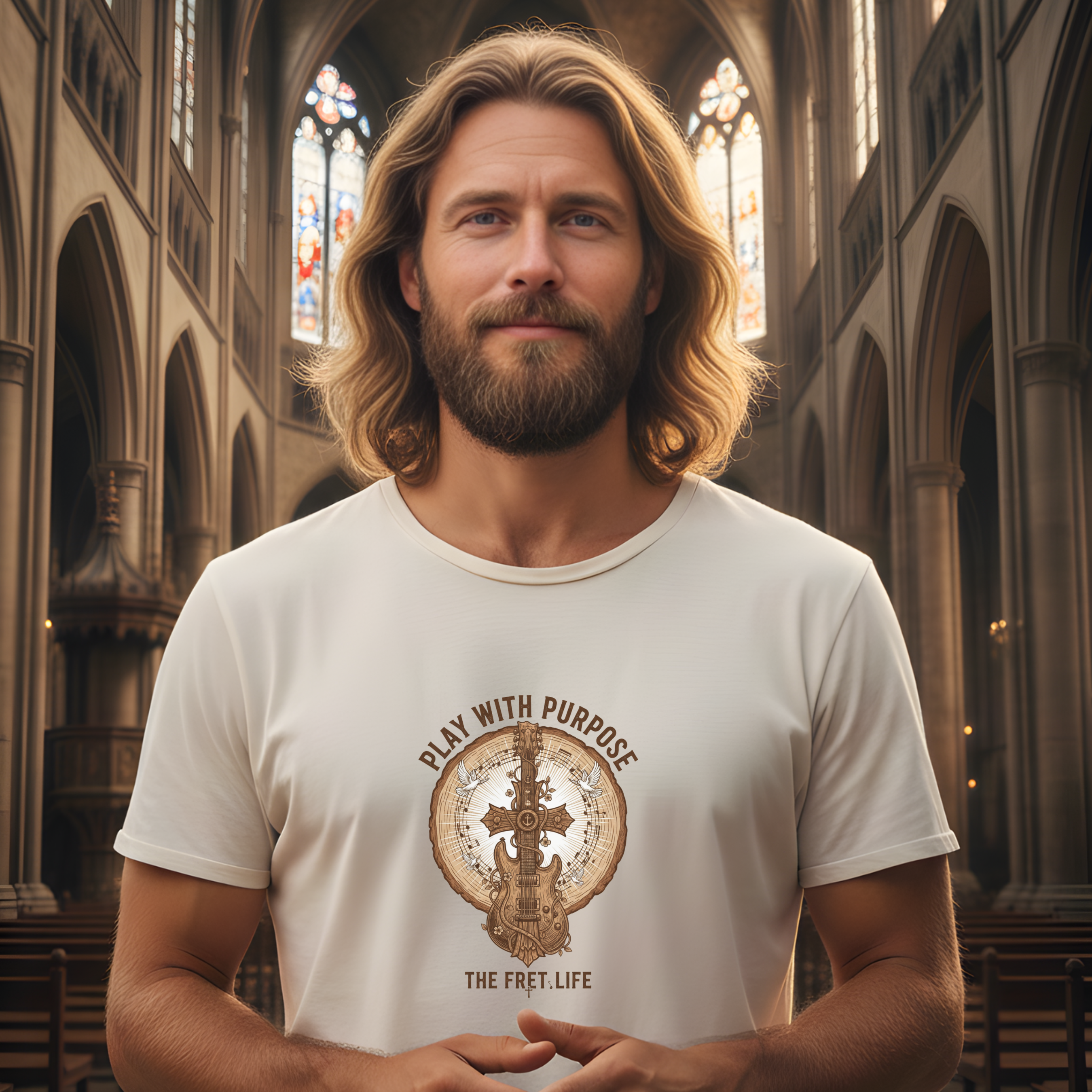 Man wearing a white t-shirt with a graphic design in a cathedral setting