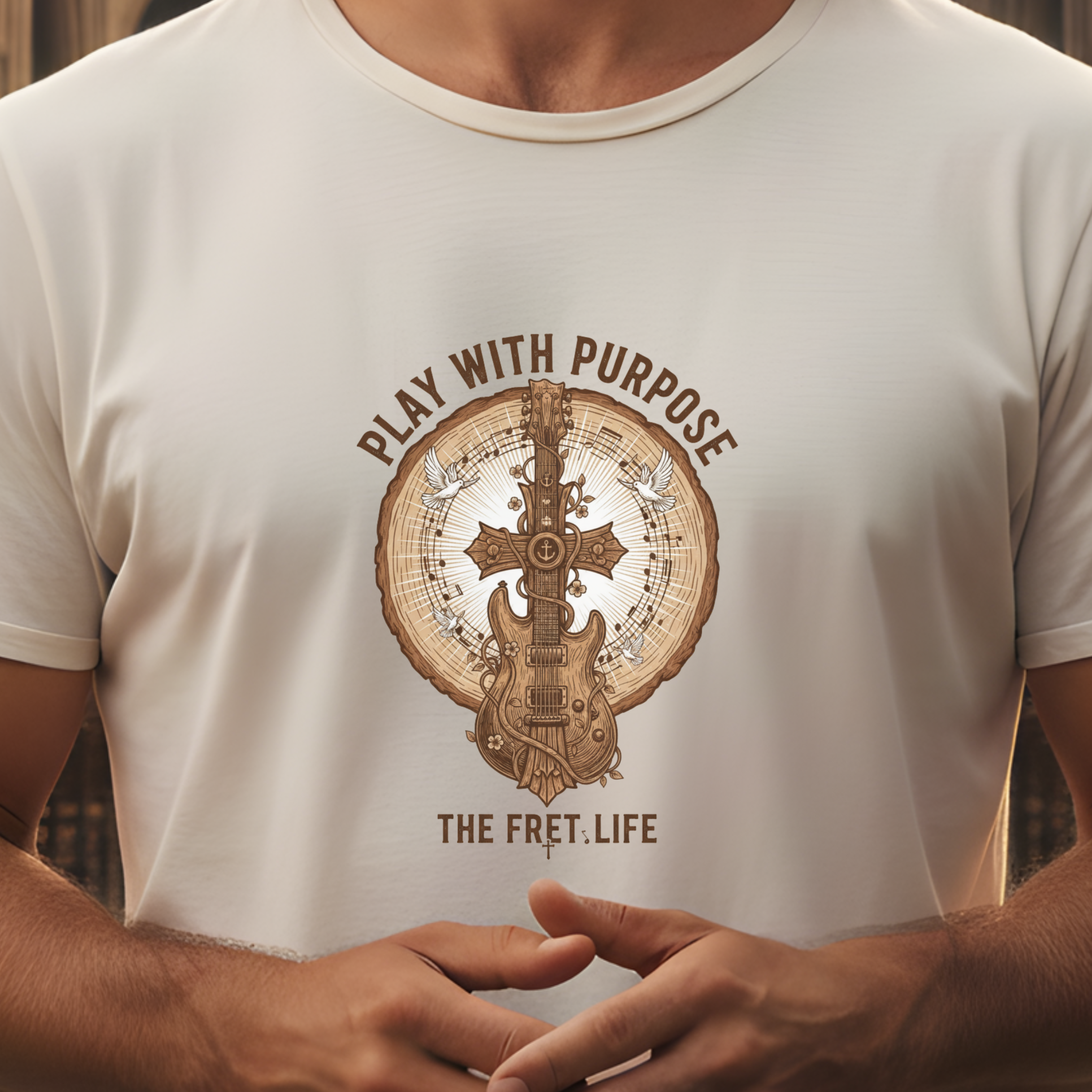 White t-shirt with a graphic design and text 'Play with Purpose' on a neutral background