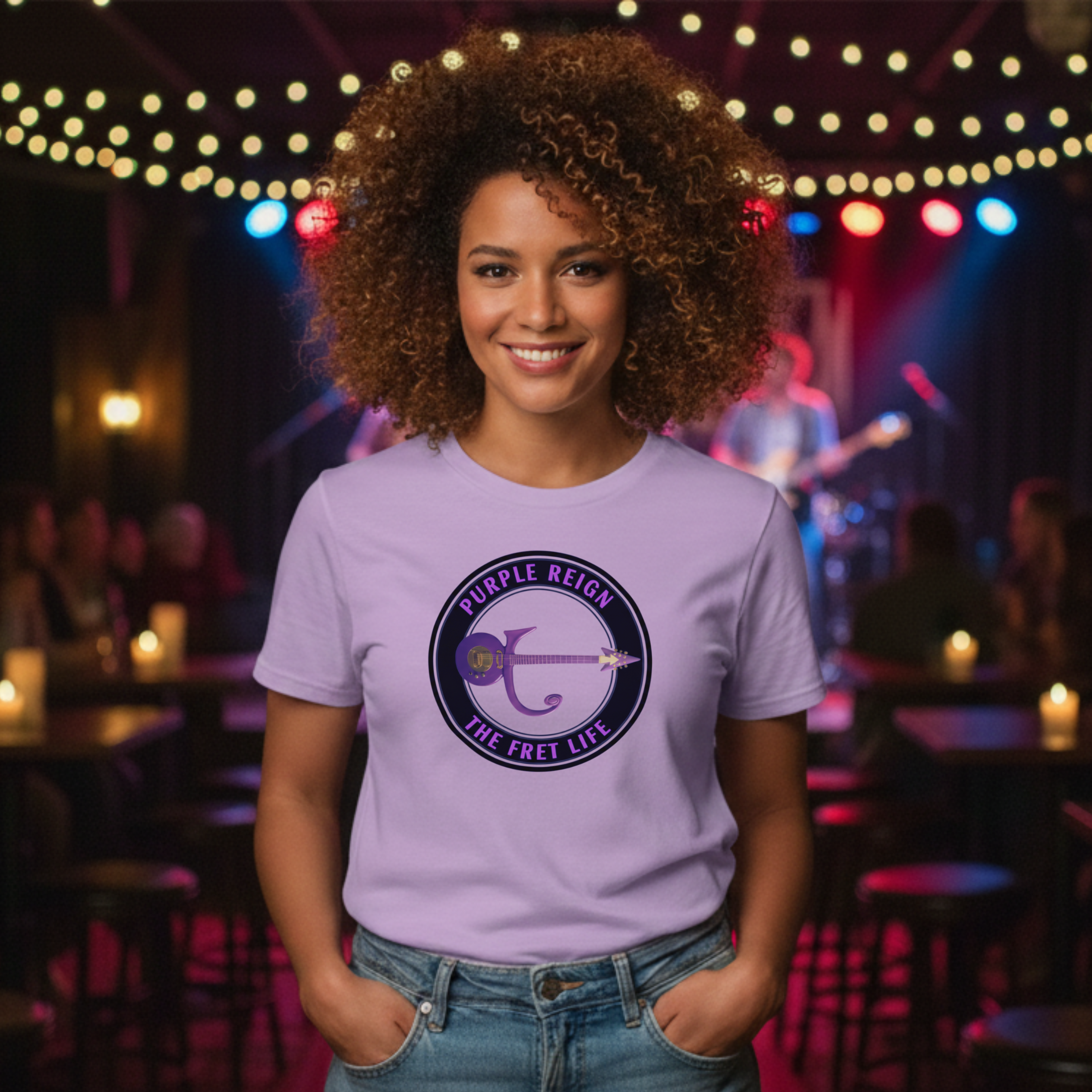 Woman wearing a purple t-shirt with a logo in a bar setting