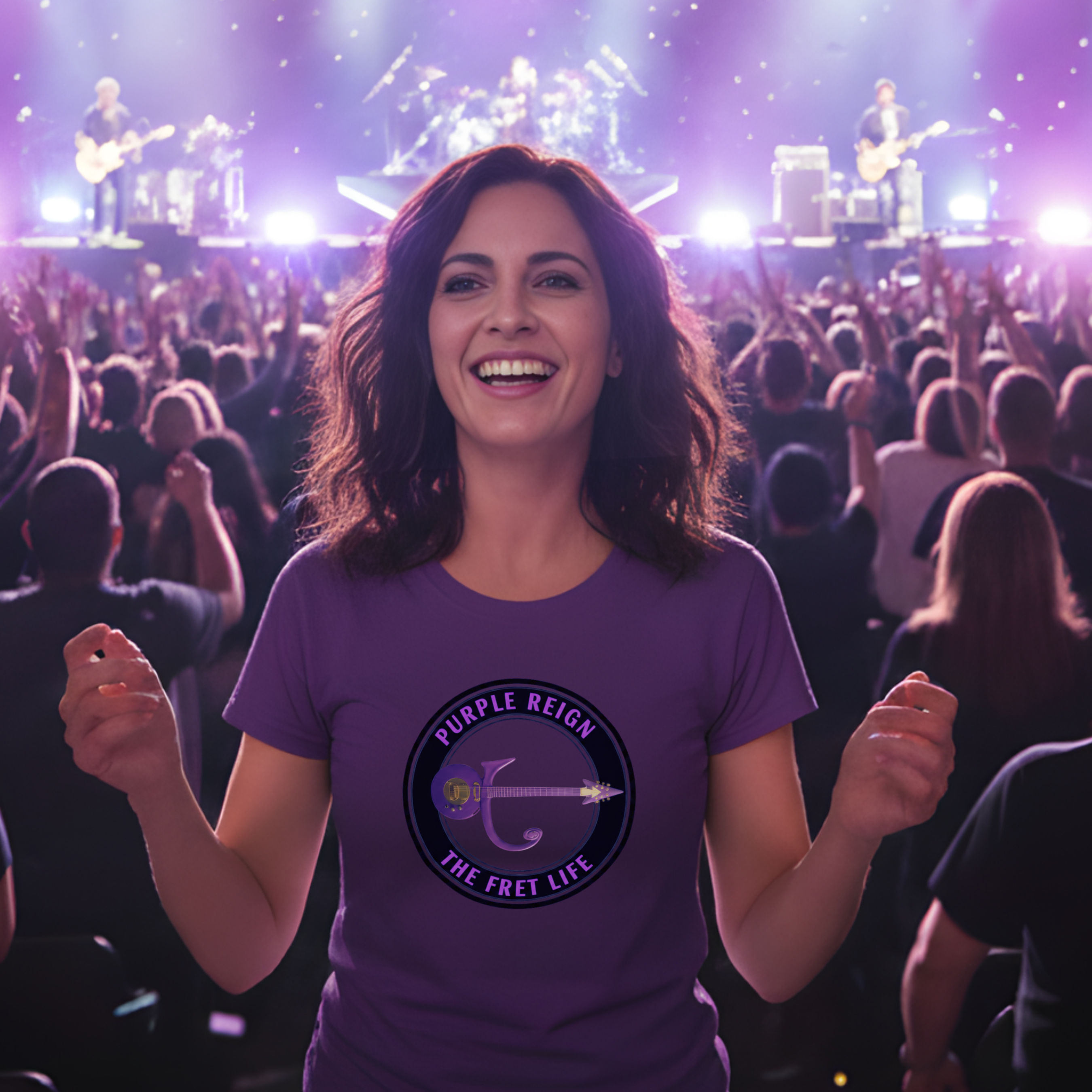 Woman wearing a purple t-shirt with 'Purple Reign' design at a concert.
