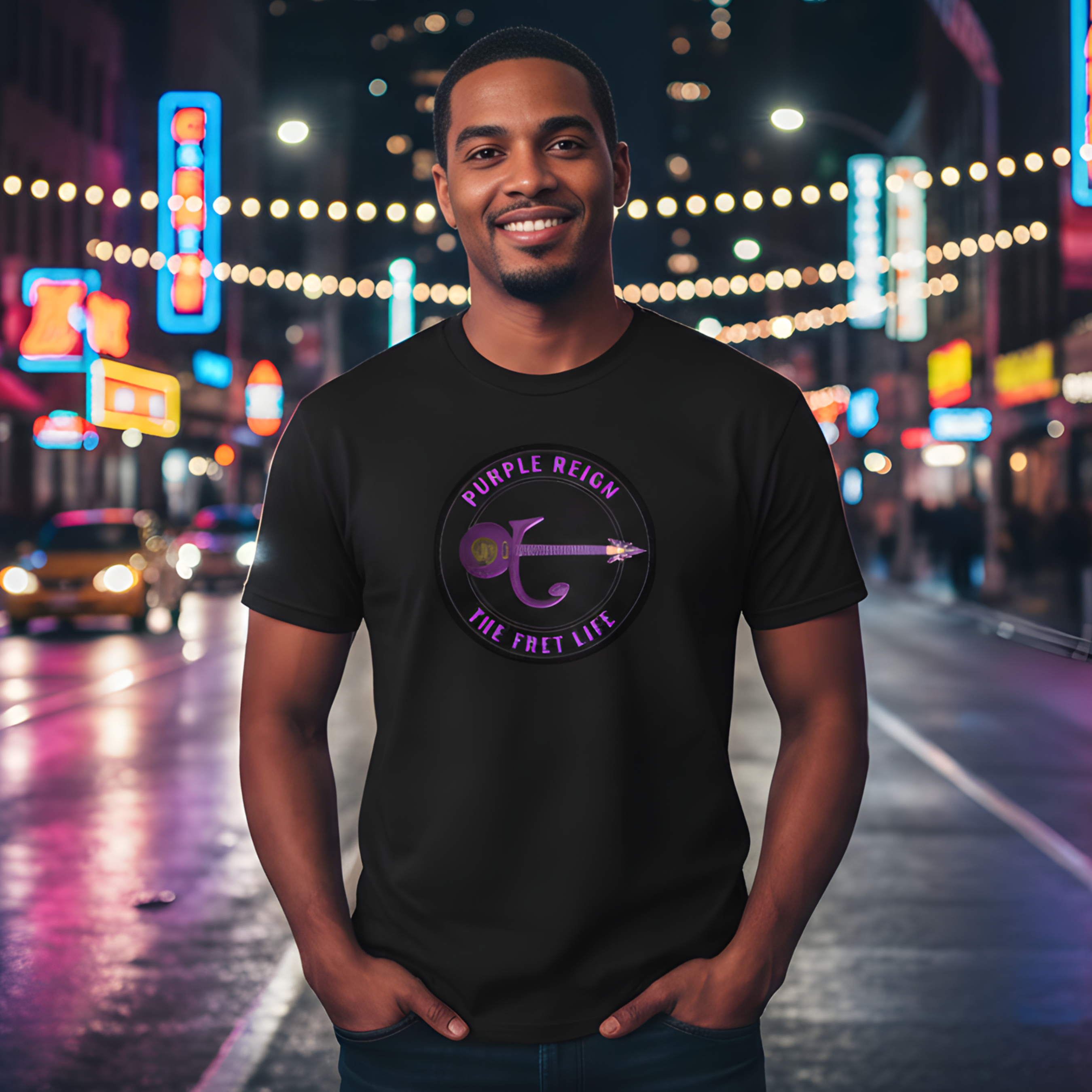 Man wearing a black t-shirt with a purple graphic design on a city street at night.