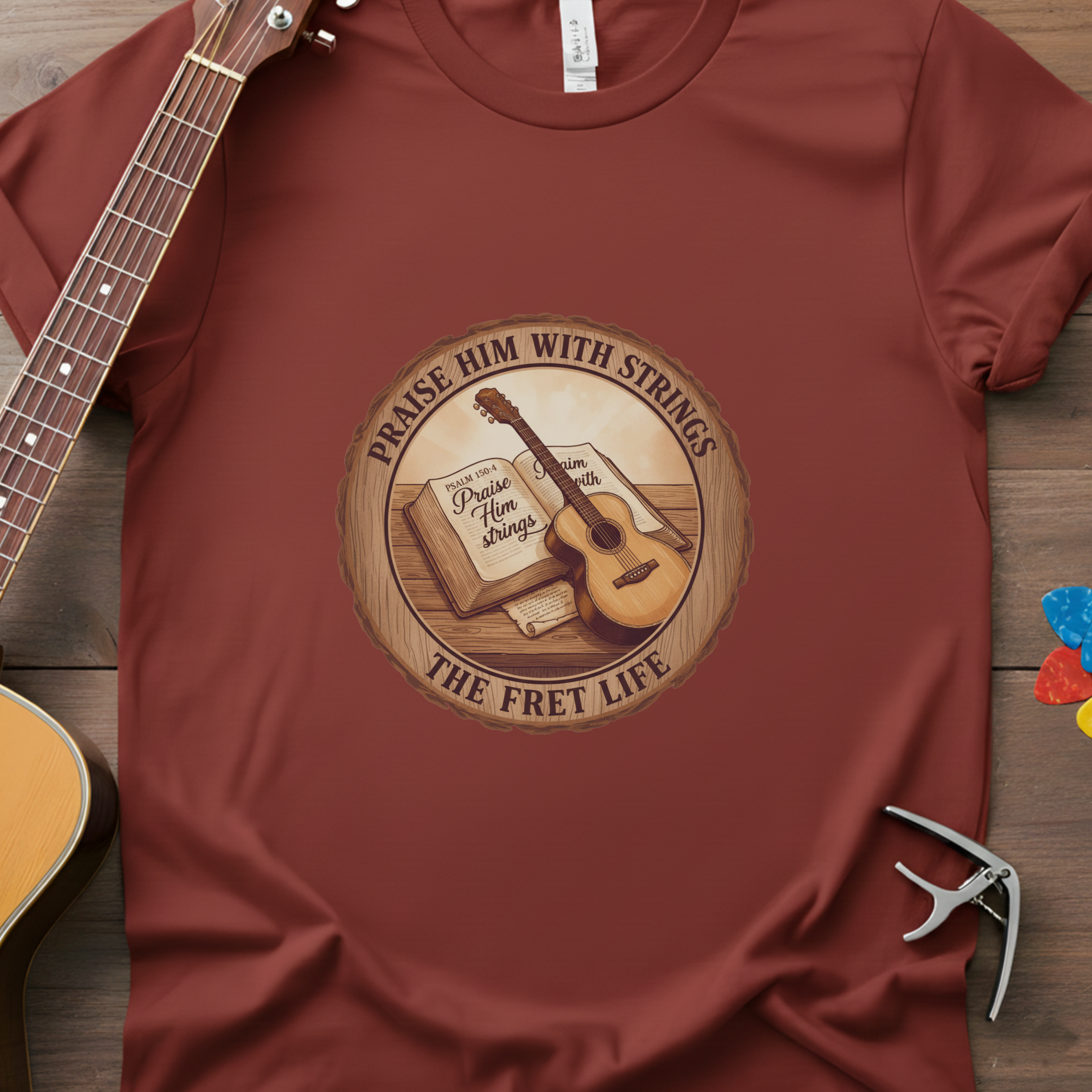 Praise Him With Strings T-Shirt | Psalm 150:4 Christian Guitar Tee