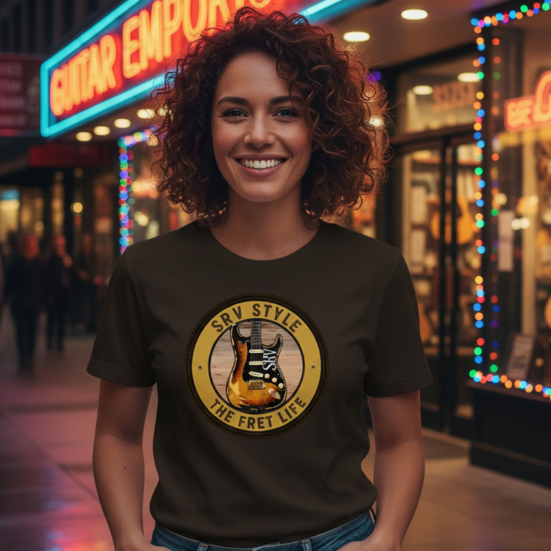 Woman wearing a t-shirt with a guitar design in front of a music store.