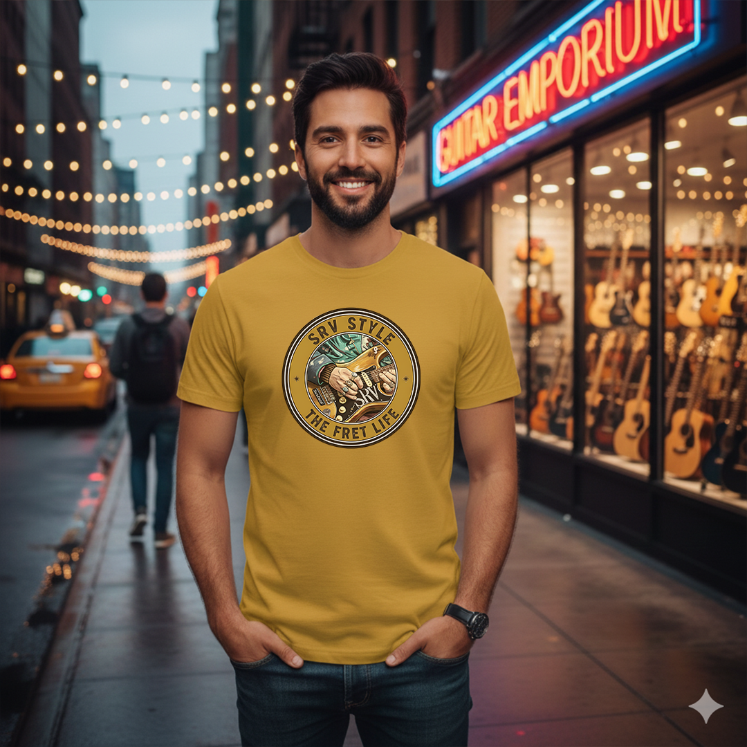 Man wearing a yellow t-shirt with a graphic design on a city street at night.