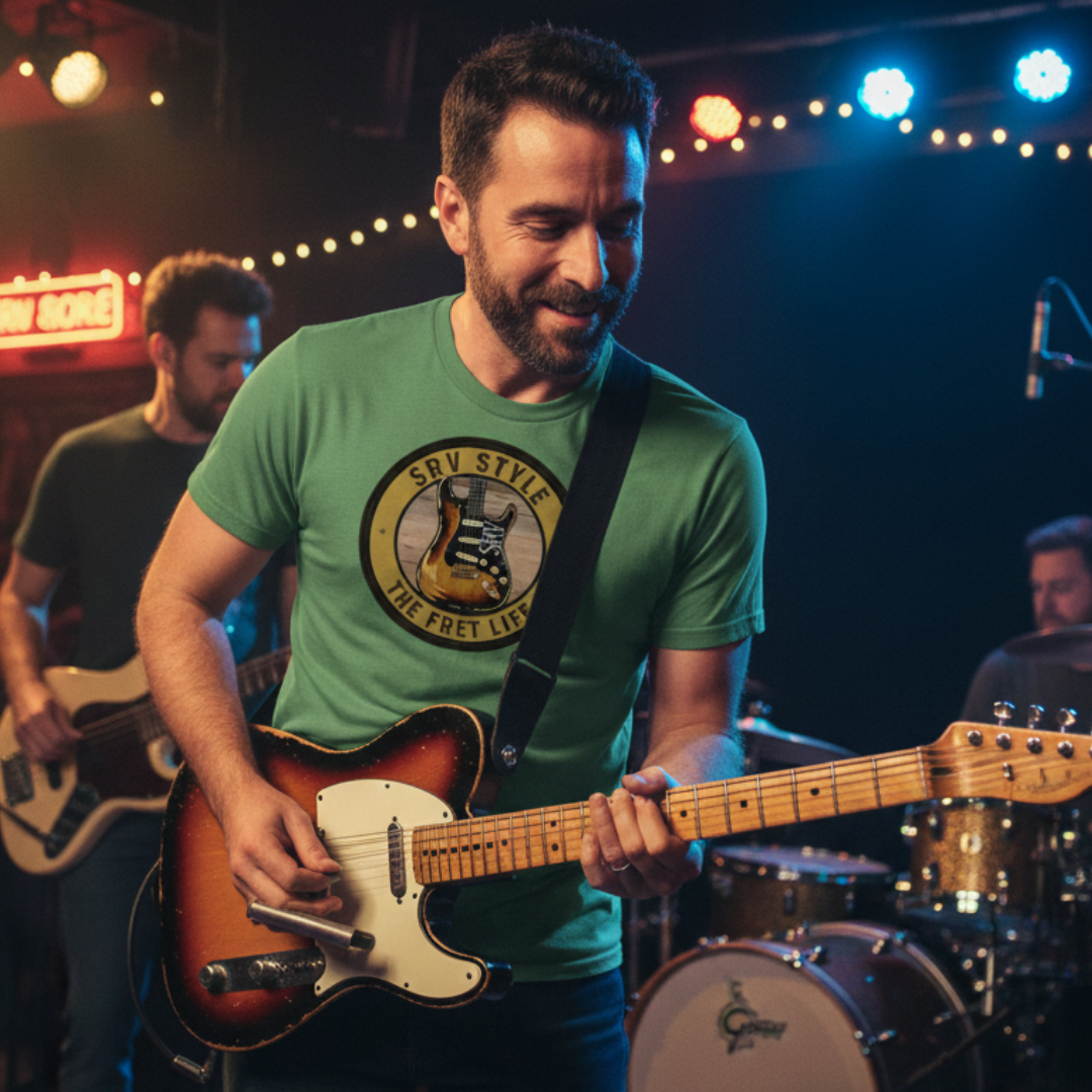 Man playing guitar on stage with band members in the background