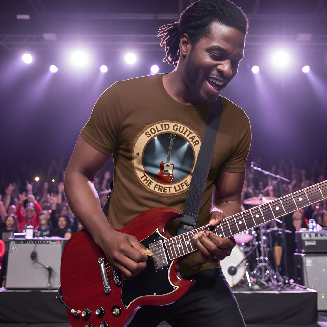 Man playing a red guitar on stage with a crowd in the background