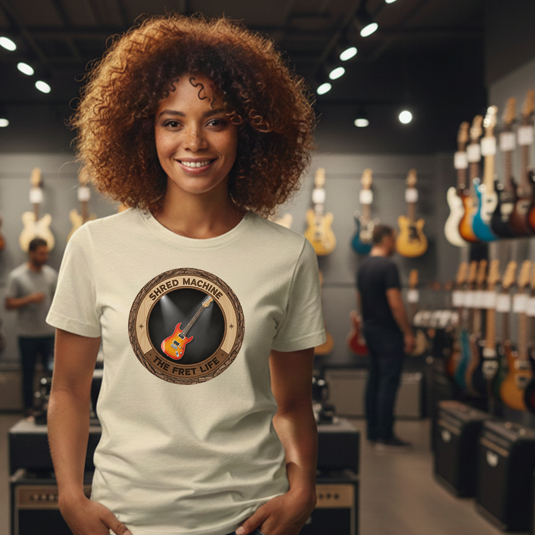 Woman wearing a t-shirt with a guitar design in a music store