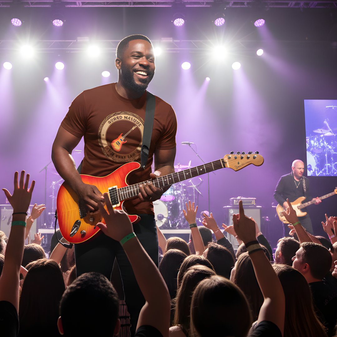 Man playing guitar on stage with audience and band members in the background