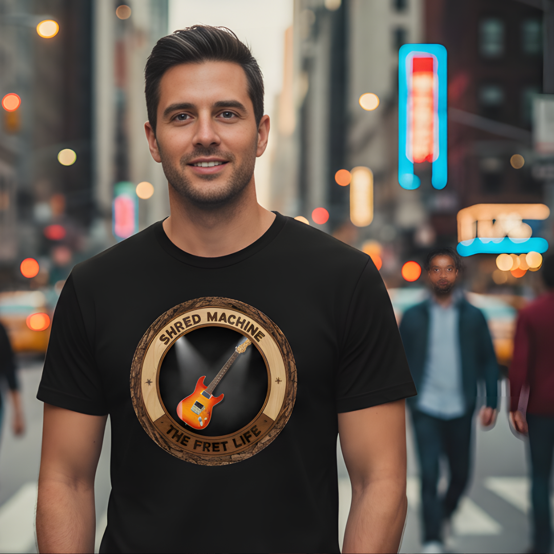 Man wearing a black t-shirt with a guitar graphic and text on a city street background