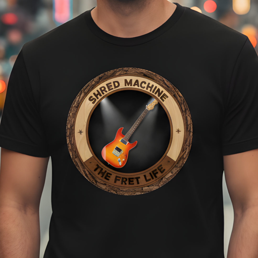 Black t-shirt with a guitar graphic and 'Shred Machine The Fret Life' text on a blurred city street background.
