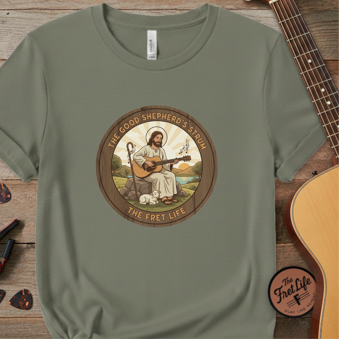 The Good Shepherd's Strum T-Shirt: Led by the Ultimate Musician.