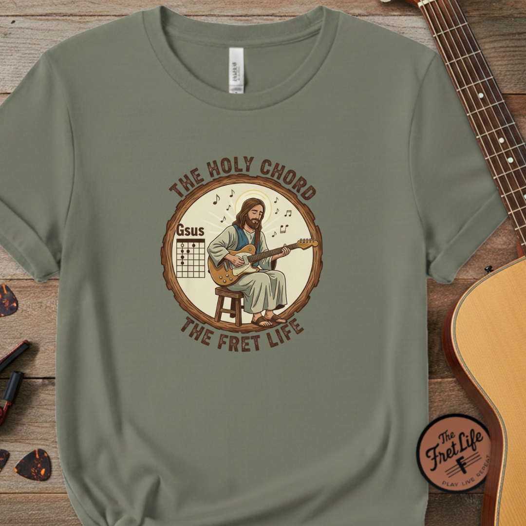 The Holy Chord Gsus T-Shirt: Faith, Music, and the Fret Life.