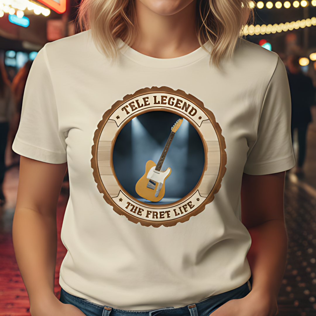 Person wearing a white t-shirt with a guitar graphic and text in an urban setting