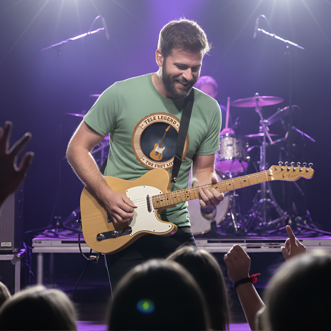 Man playing guitar on stage with a band in the background