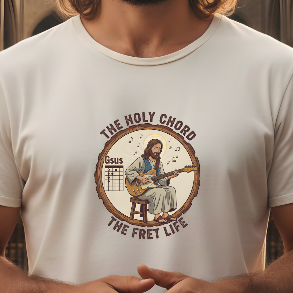 The Holy Chord Gsus T-Shirt: Faith, Music, and the Fret Life.