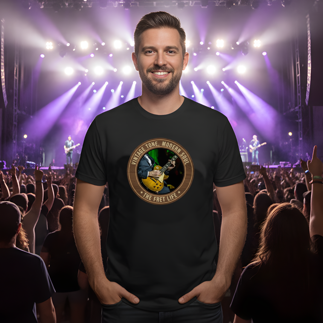 Man wearing a black t-shirt with a graphic design in front of a concert crowd and stage.