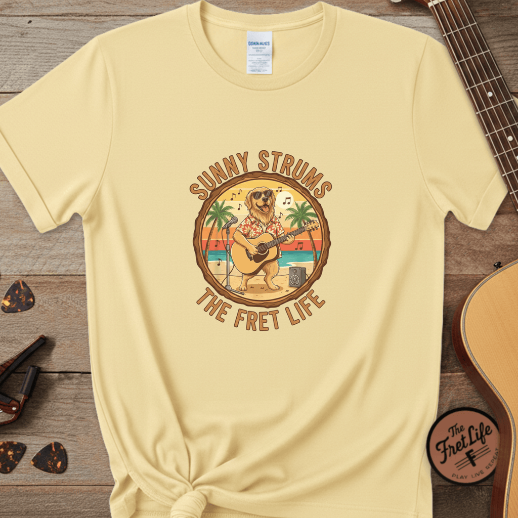 Printify T-Shirt Banana / S Sunny Strums: Golden Retriever Acoustic Serenade Tee