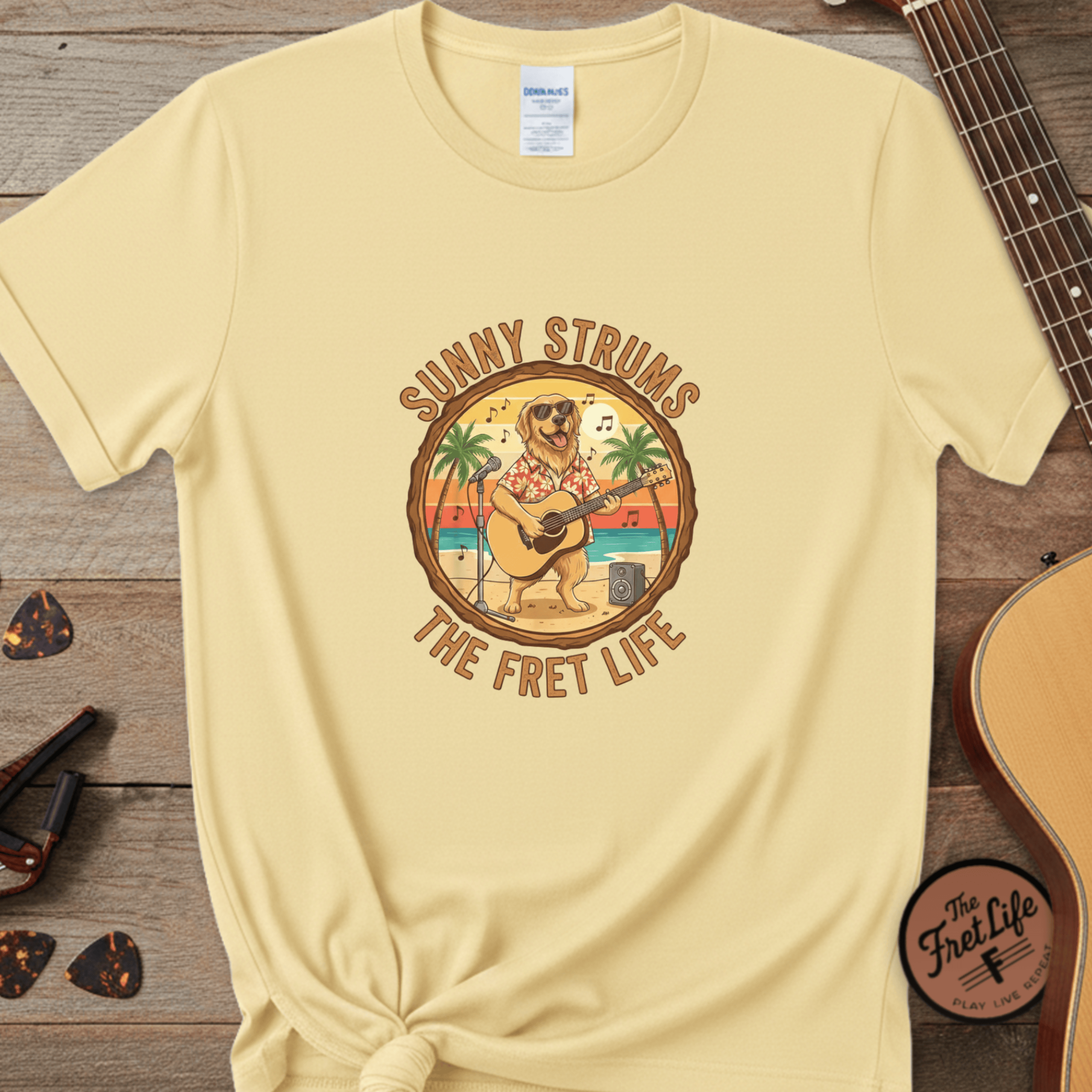 Printify T-Shirt Banana / S Sunny Strums: Golden Retriever Acoustic Serenade Tee