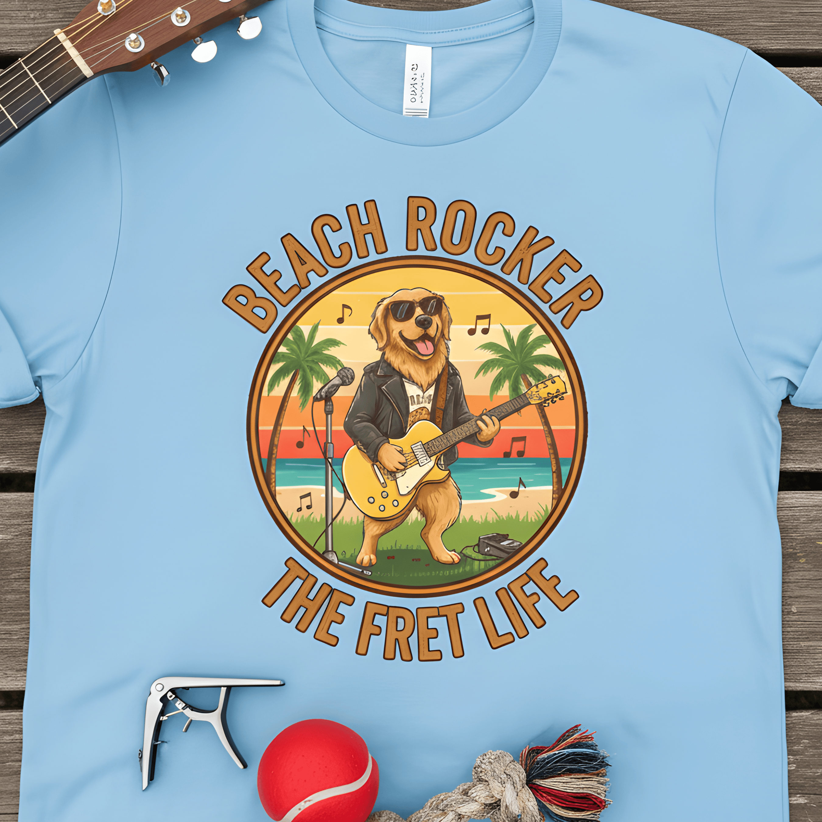 Printify T-Shirt Beach Rocker: Golden's Sunset Shred Fret Life Tee