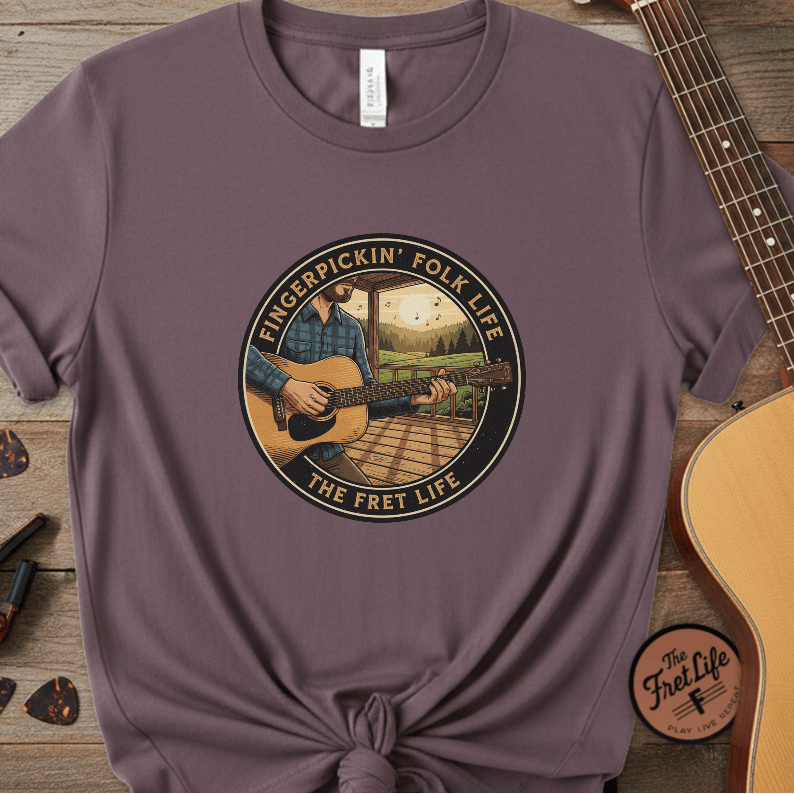 Printify T-Shirt Berry / S Fingerpickin' Folk Life: Porch & Sunset Acoustic Tee