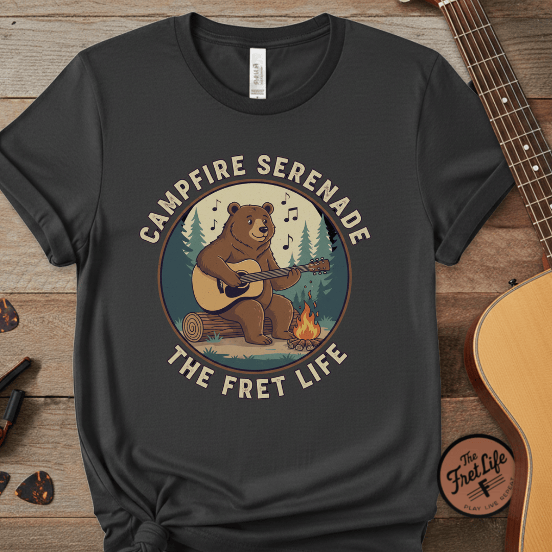 Printify T-Shirt Black / S Campfire Serenade, Bear playing guitar design Garment-Dyed T-shirt